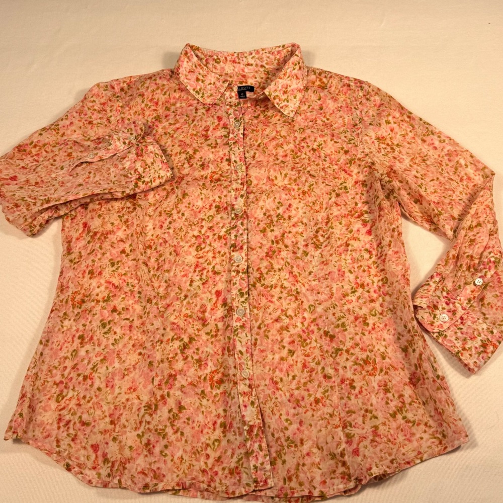 Talbots Floral Button‎ Front Shirt 12 Pink Peach Cotton Long Sleeve Collared Top
